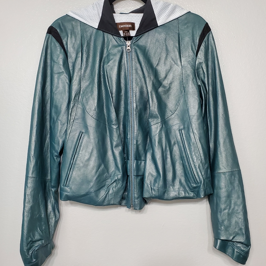 Danier Pearlized Teal Leather Hoodie Crop Jacket